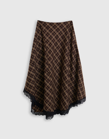Threadbare Asymmetric Lace Trim Midaxi Skirt in Chocolate Brown Check - mannequin image