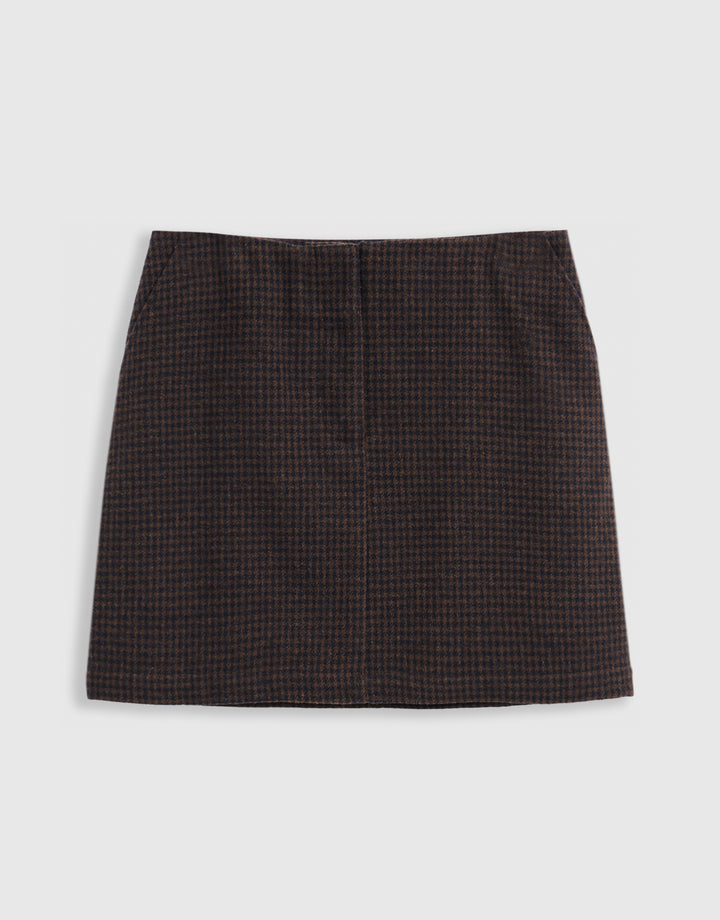 Faux Wool Mini Skirt in Brown Check