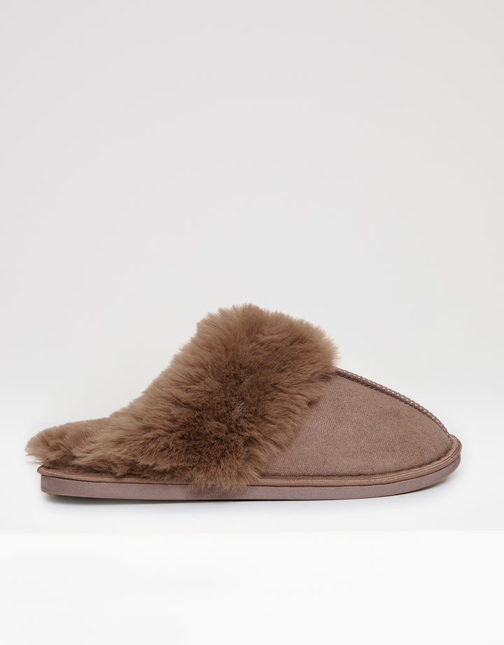 Mink Brown Faux Fur Lined Mule Slippers