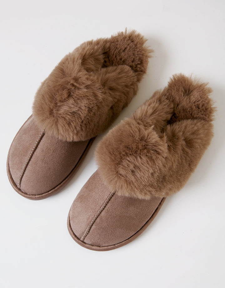 Mink Brown Faux Fur Lined Mule Slippers