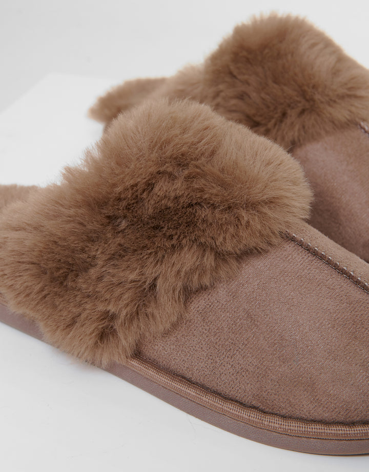 Mink Brown Faux Fur Lined Mule Slippers