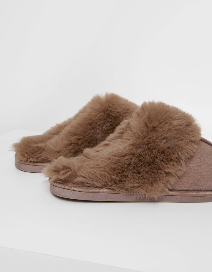 Mink Brown Faux Fur Lined Mule Slippers