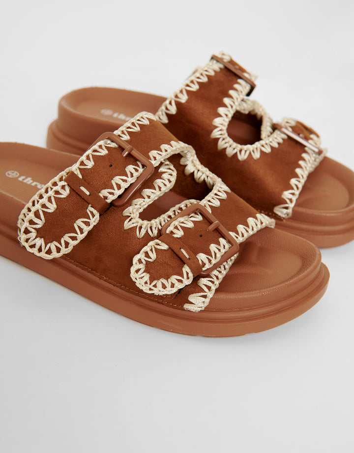 Tan Brown Whipstitch Chunky Sliders