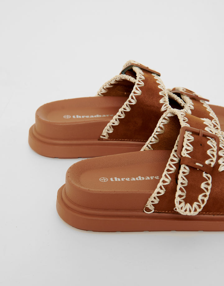 Tan Brown Whipstitch Chunky Sliders