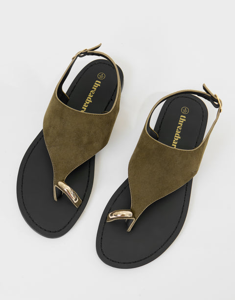 Threadbare T-Strap Toe Loop Sandals in Olive Green - top view
