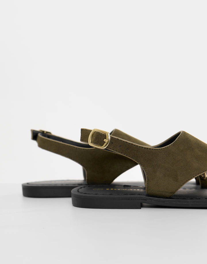 Threadbare T-Strap Toe Loop Sandals in Olive Green - heel close up