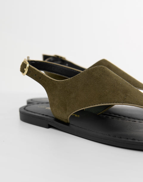 Threadbare T-Strap Toe Loop Sandals in Olive Green - side view close up