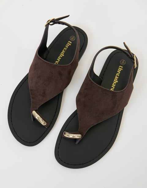 Threadbare T-Strap Toe Loop Sandals in Chocolate Brown - top view