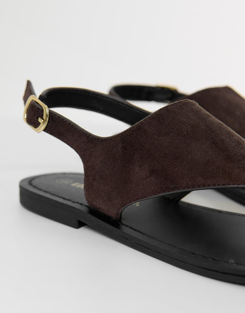 Threadbare T-Strap Toe Loop Sandals in Chocolate Brown - side view close up