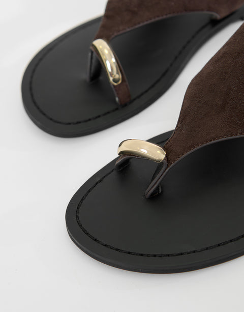 Threadbare T-Strap Toe Loop Sandals in Chocolate Brown - toe loop close up