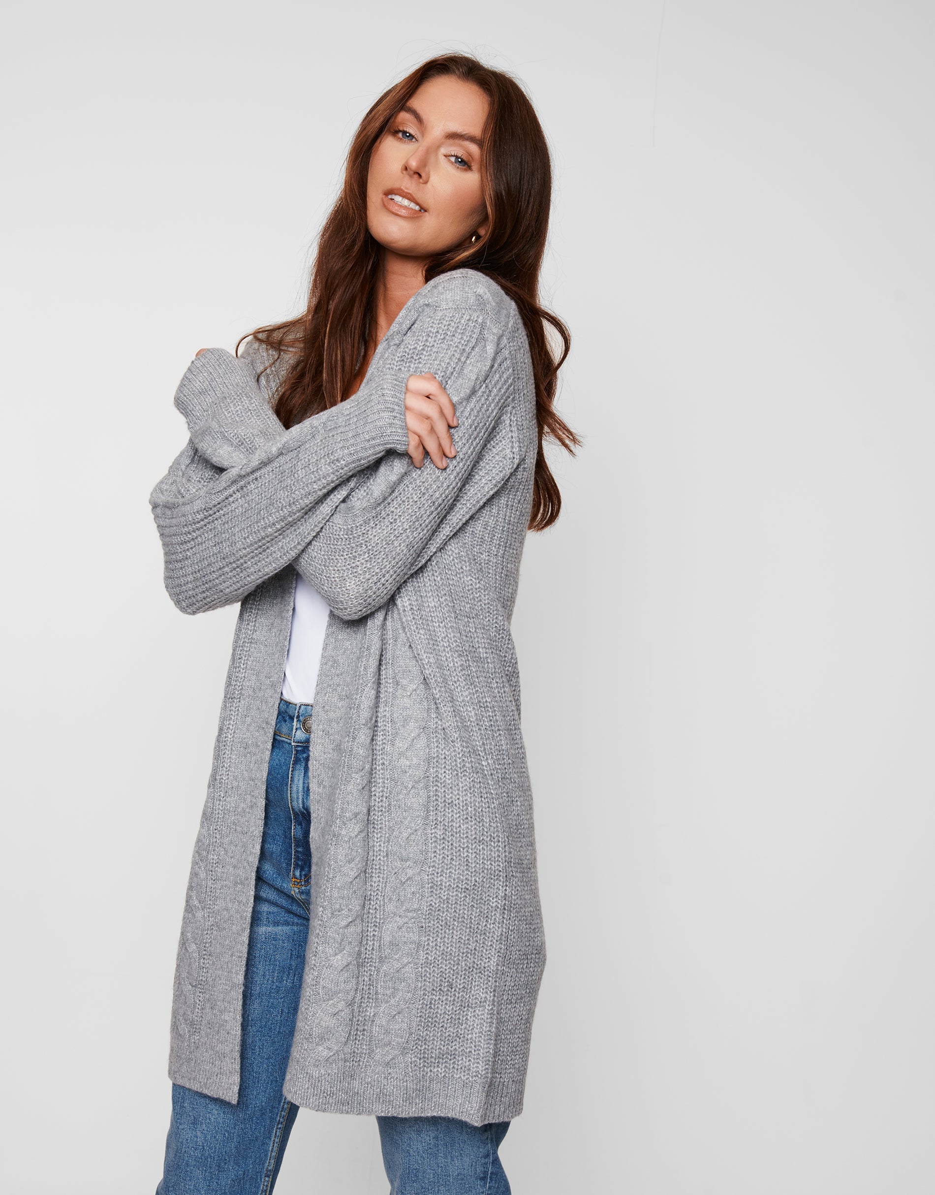 Threadbare Women's Petite Grey Cable Knit Detail Open Ladies' Cardigan