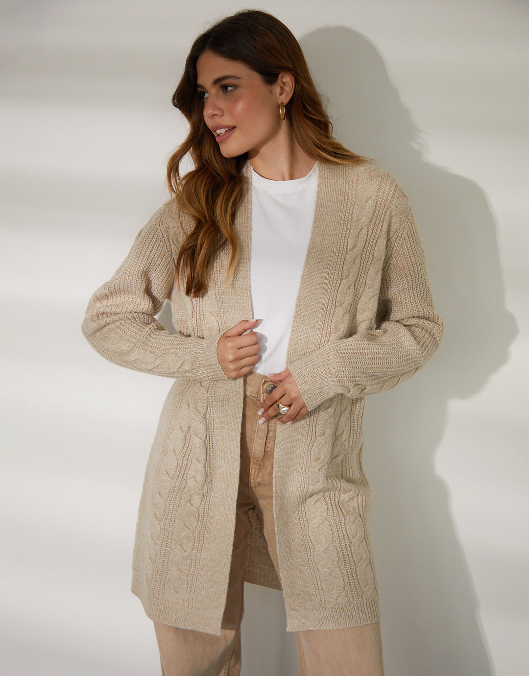 Beige Cable Knit Cardigan