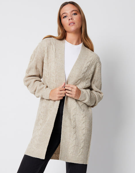 Women's Beige Oat Cable Knit Detail Open Ladies' Cardigan – Threadbare