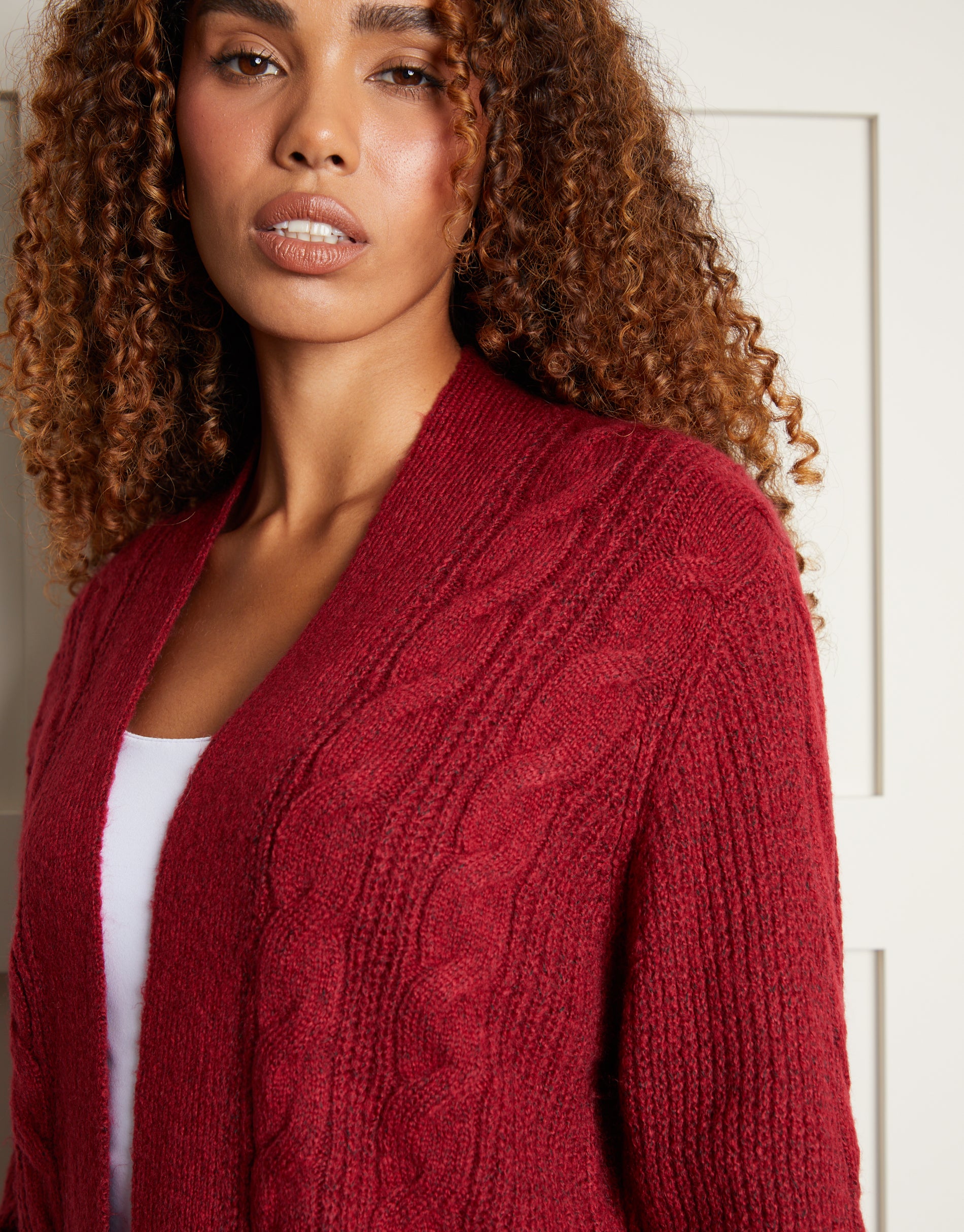 Threadbare Women's Berry Red Cable Knit Detail Open Ladies' Cardigan