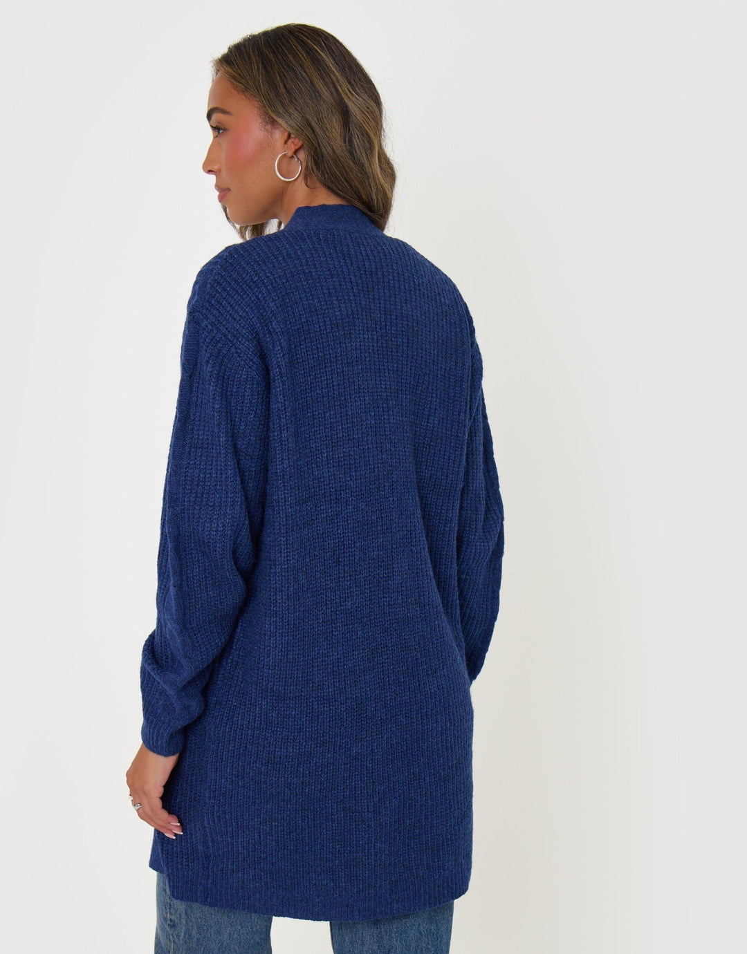 Threadbare Cable Knit Cardigan in Navy - back view
