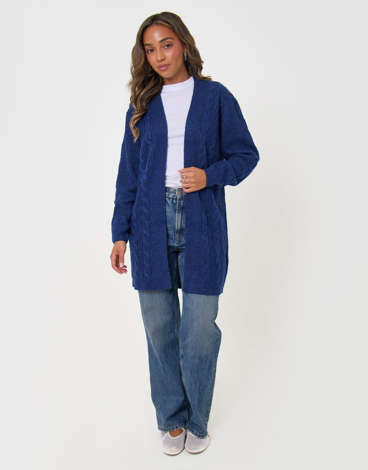 Threadbare Cable Knit Cardigan in Navy - full body