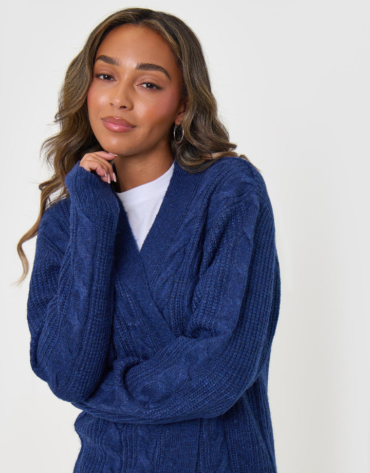 Threadbare Cable Knit Cardigan in Navy - close up