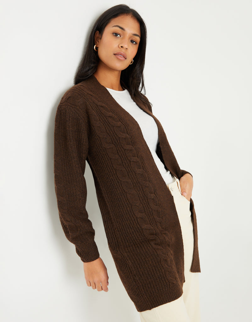 Threadbare Women's Chocolate Brown Cable Knit Detail Open Ladies