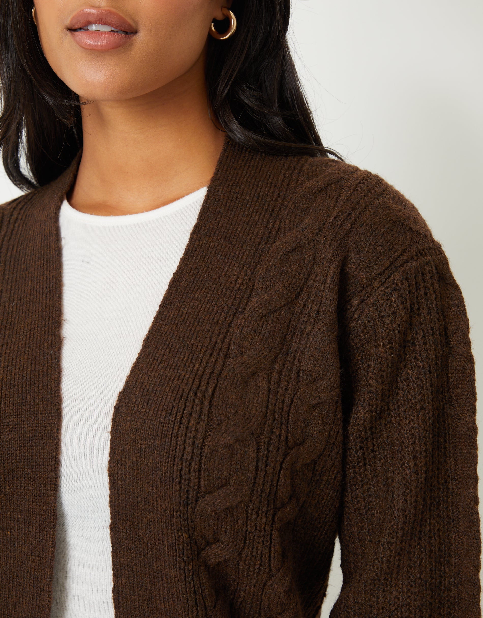 トップス CABLE KNIT CARDIGAN / brown Threadbare Women's Chocolate Brown Cable Knit Detail Open Ladies