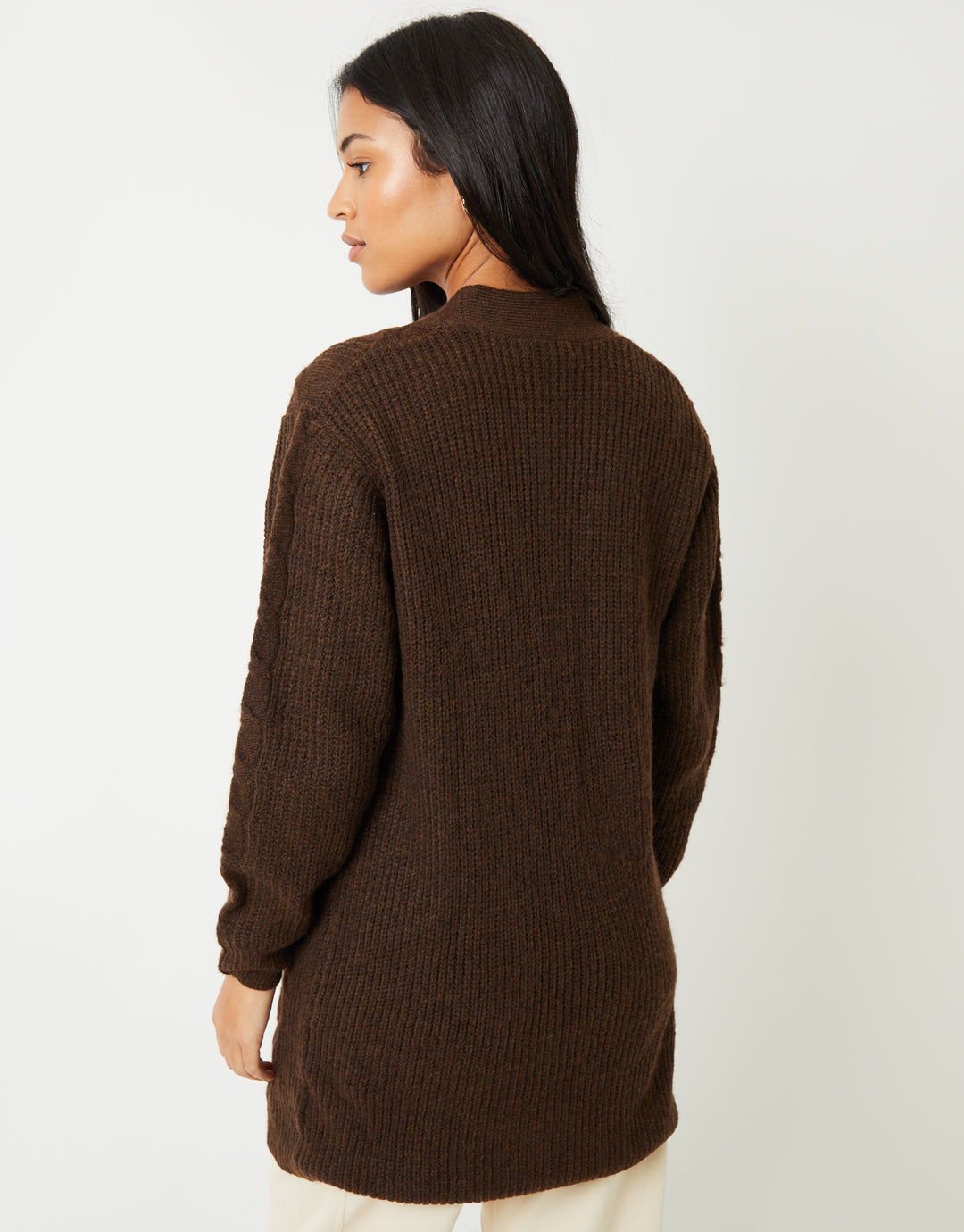 Threadbare Women's Chocolate Brown Cable Knit Detail Open Ladies' Cardigan Threadbare Women's Chocolate Brown Cable Knit Detail Open Ladies' Cardigan