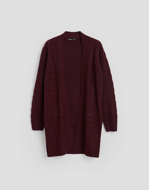 Threadbare Cable Knit Cardigan in Berry Red - flat lay