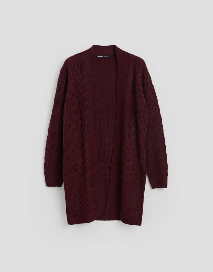 Threadbare Cable Knit Cardigan in Berry Red - flat lay