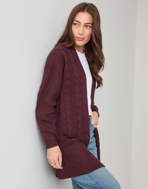 Threadbare Cable Knit Cardigan in Berry Red - front view pose