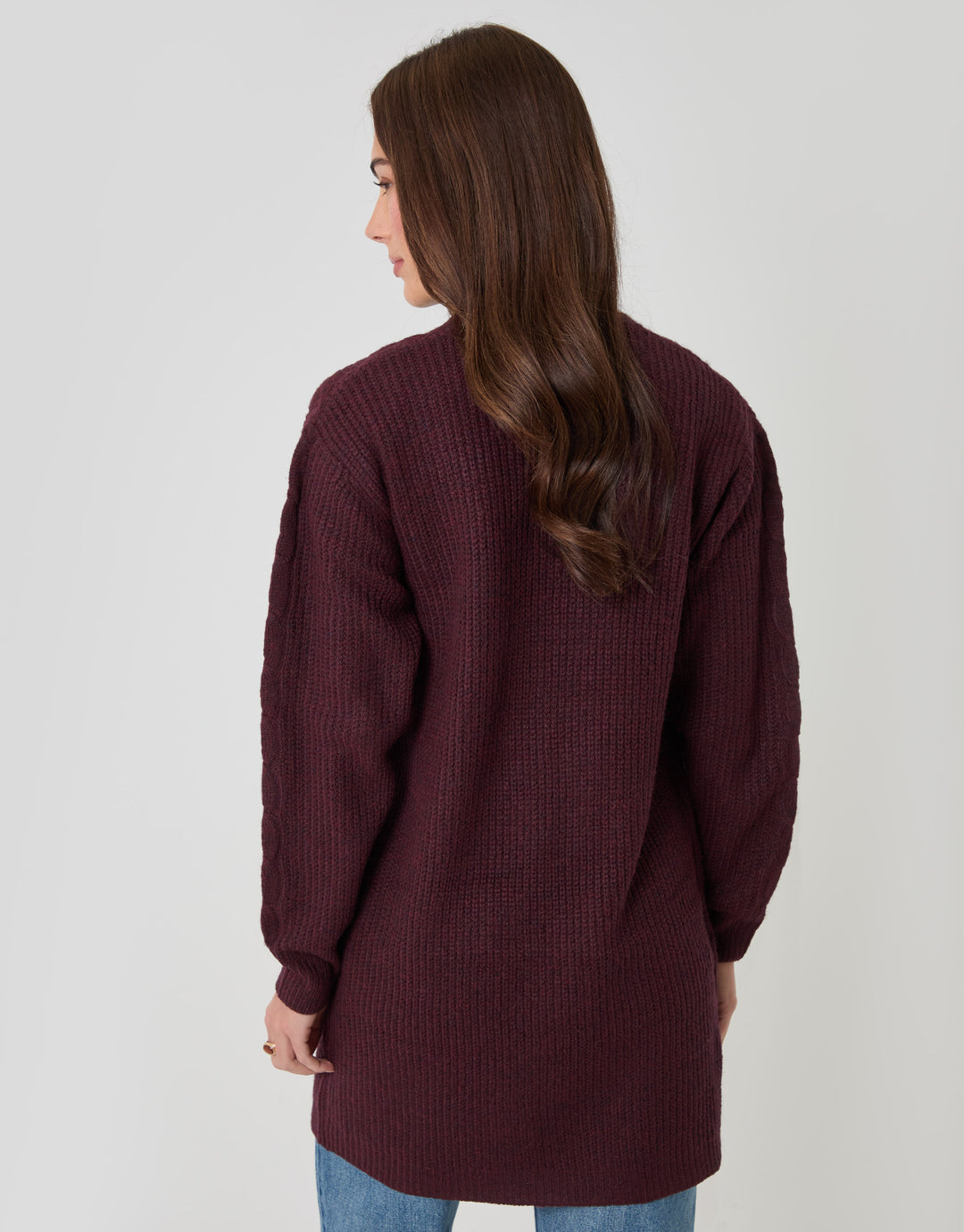Threadbare Cable Knit Cardigan in Berry Red - back view