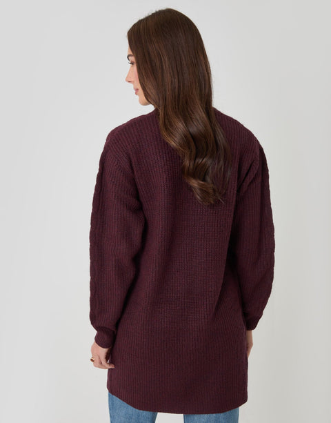Threadbare Cable Knit Cardigan in Berry Red - back view