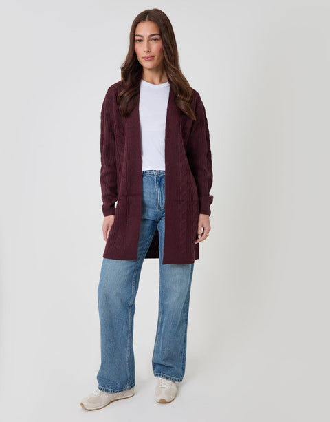 Threadbare Cable Knit Cardigan in Berry Red - full body