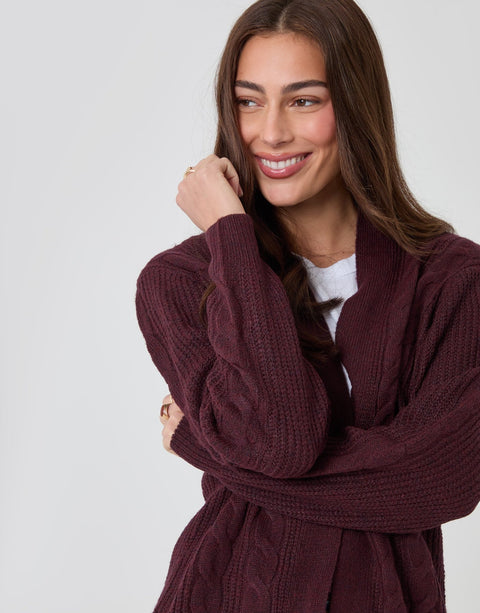Threadbare Cable Knit Cardigan in Berry Red - close up