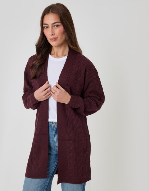 Threadbare Cable Knit Cardigan in Berry Red - front view