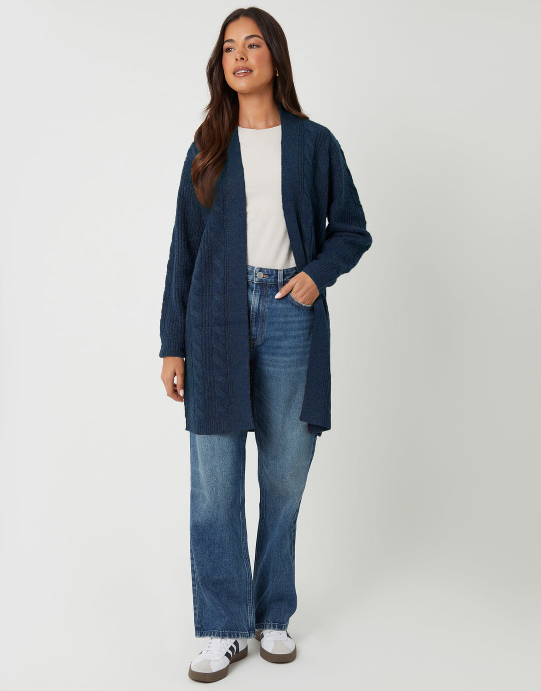 Threadbare Cable Knit Cardigan in Blue - full body