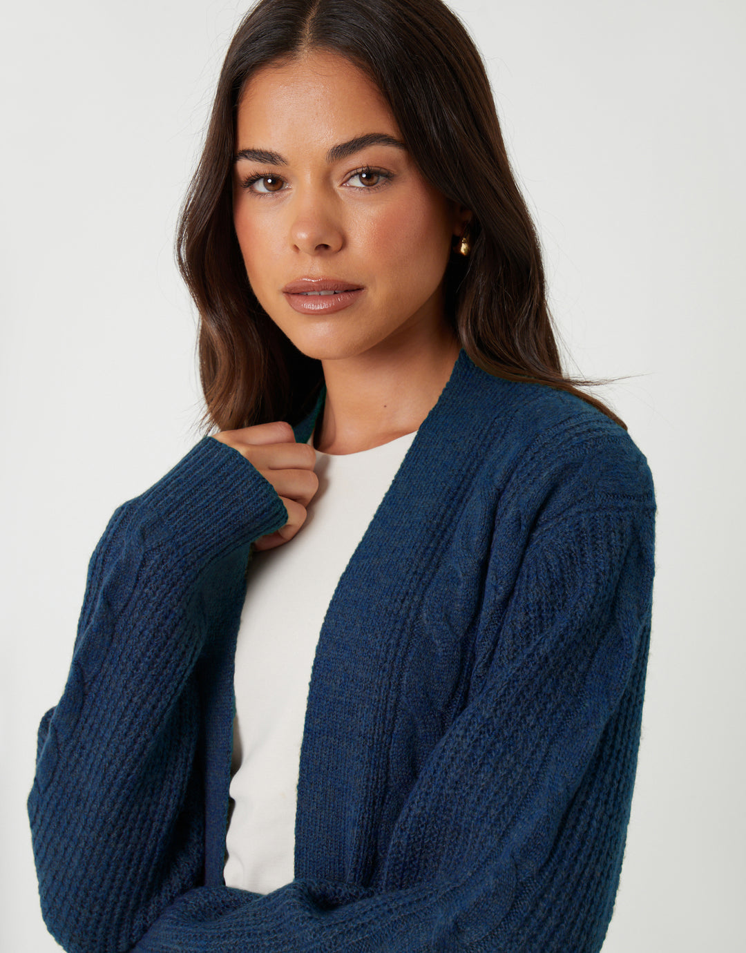 Threadbare Cable Knit Cardigan in Blue - front view close up