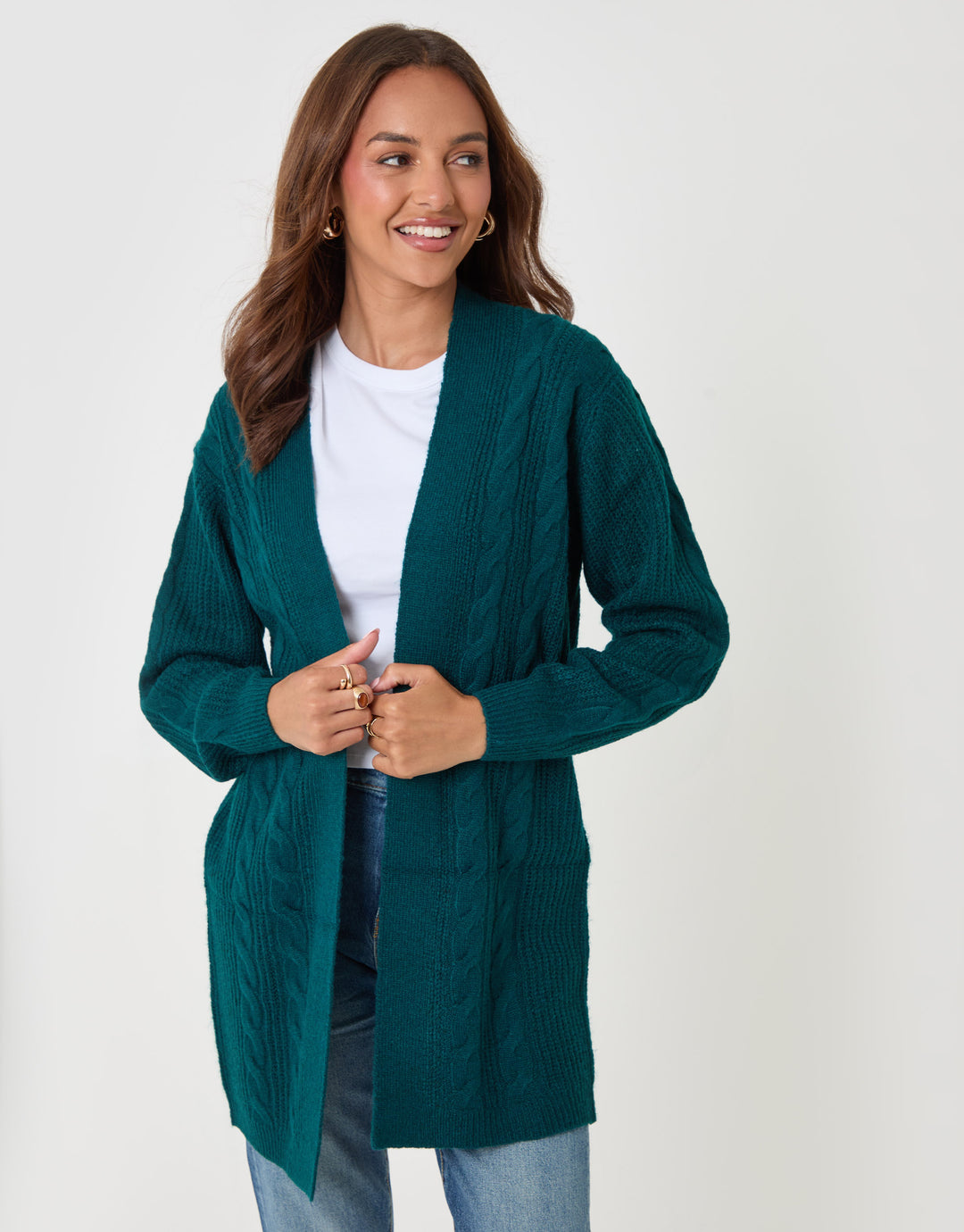 Threadbare Cable Knit Open Cardigan in Teal - front view