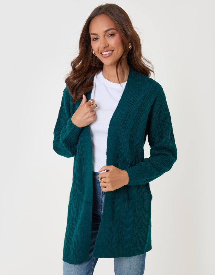 Threadbare Cable Knit Open Cardigan in Teal - full body