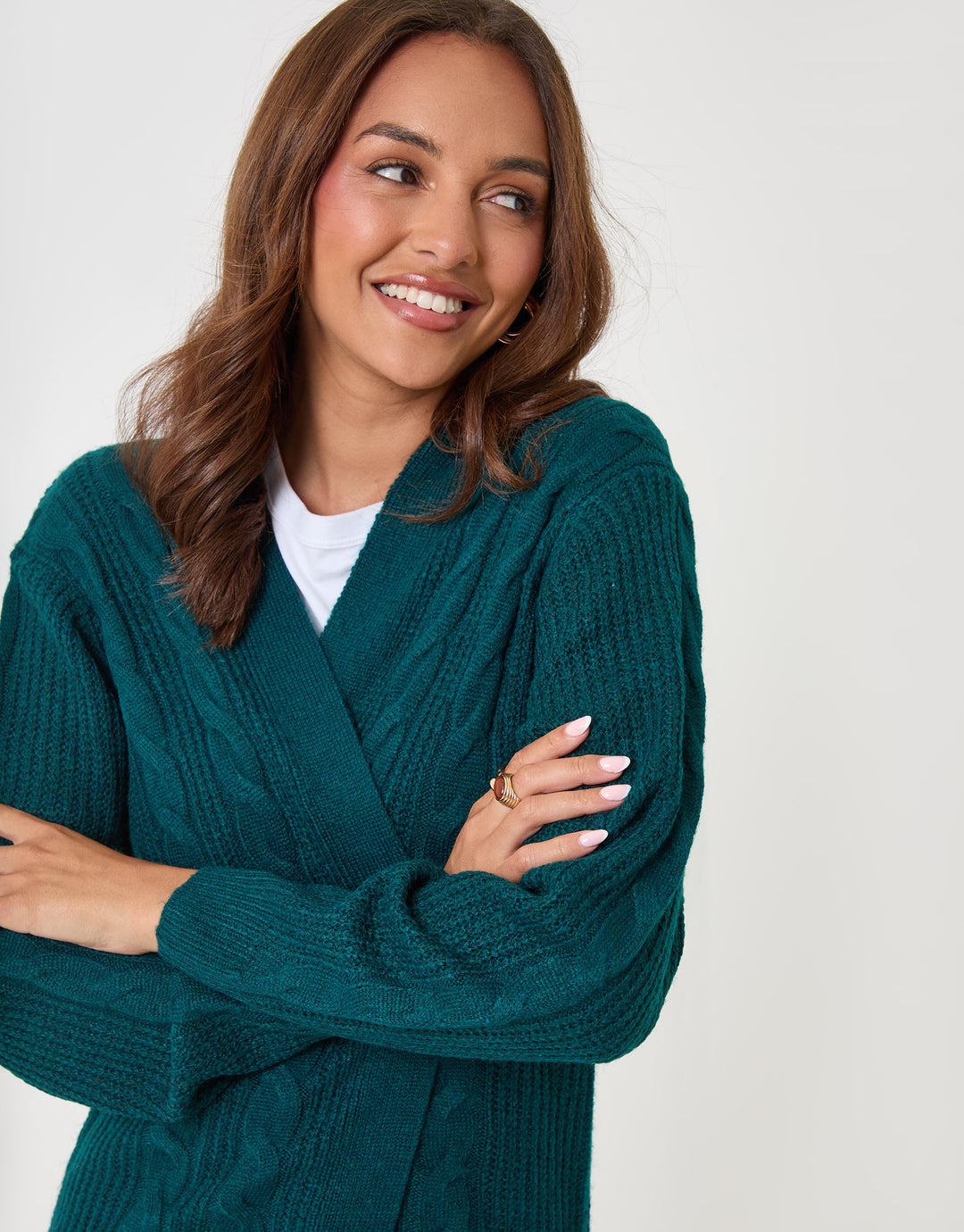 Threadbare Cable Knit Open Cardigan in Teal - close up