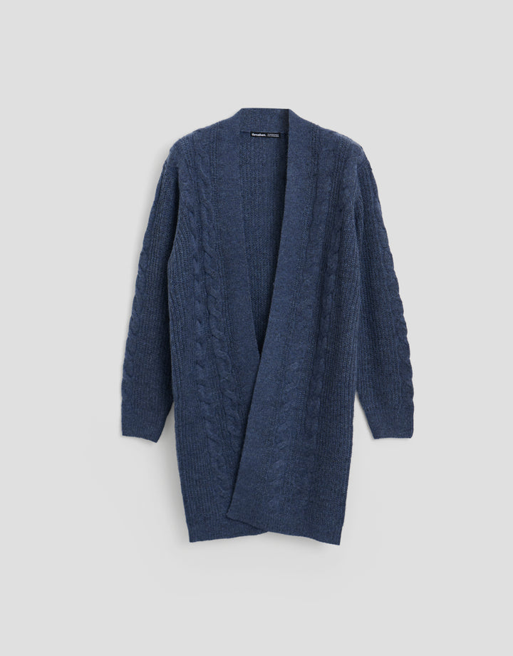 Threadbare Cable Knit Open Cardigan in Blue - flat lay