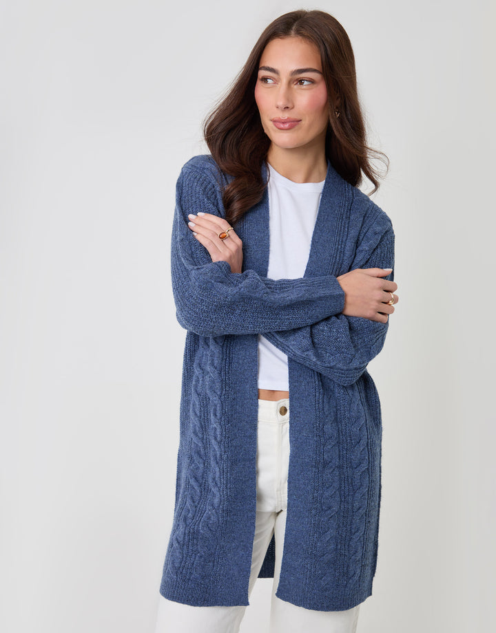 Threadbare Cable Knit Open Cardigan in Blue - front view