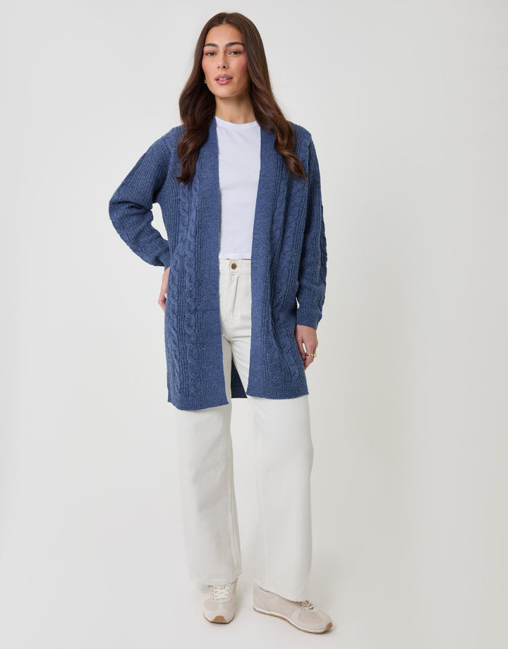 Threadbare Cable Knit Open Cardigan in Blue - full body