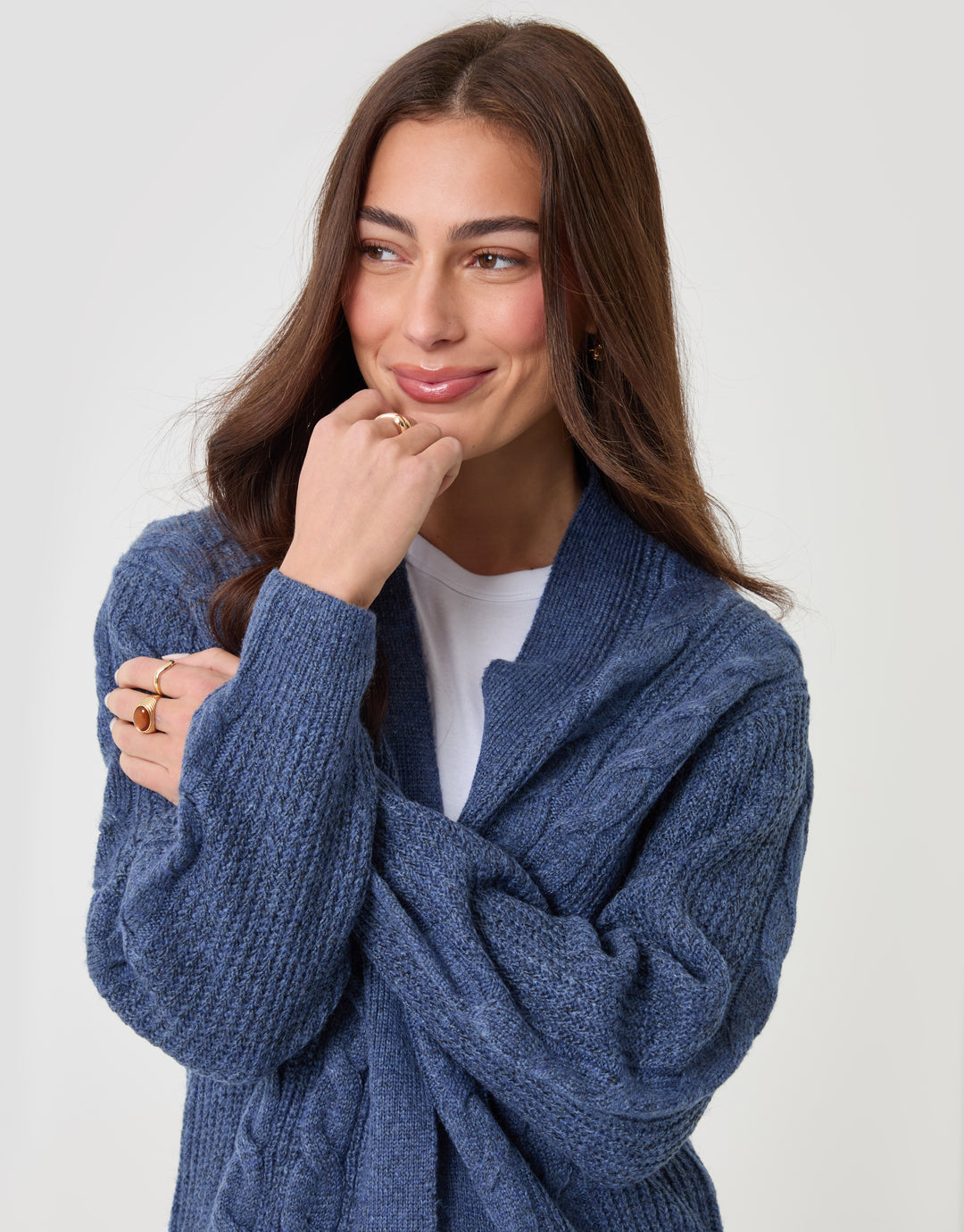 Threadbare Cable Knit Open Cardigan in Blue - close up