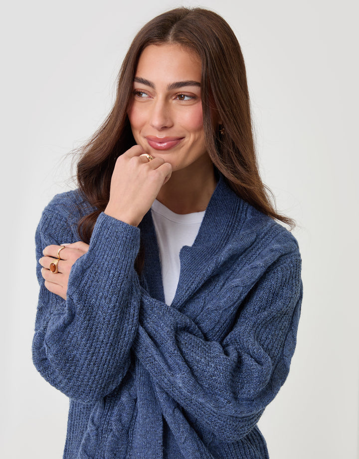 Threadbare Cable Knit Open Cardigan in Blue - close up