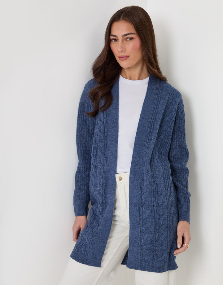 Threadbare Cable Knit Open Cardigan in Blue - front view