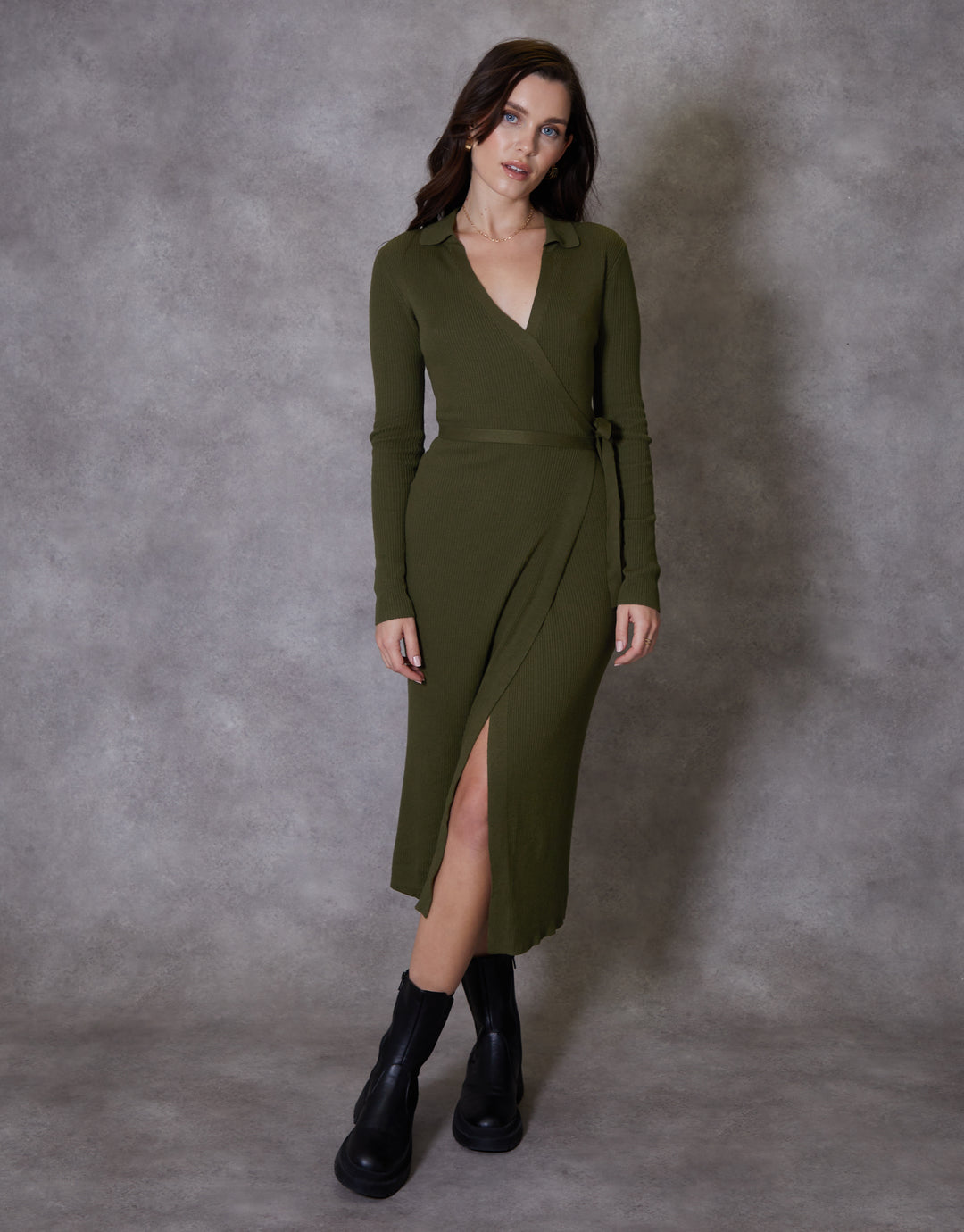 Threadbare Women's Olive Green Ribbed Wrap Tie Ladies' Knitted V Neck Dress Threadbare Women's Olive Green Ribbed Wrap Tie Ladies' Knitted V Neck Dress