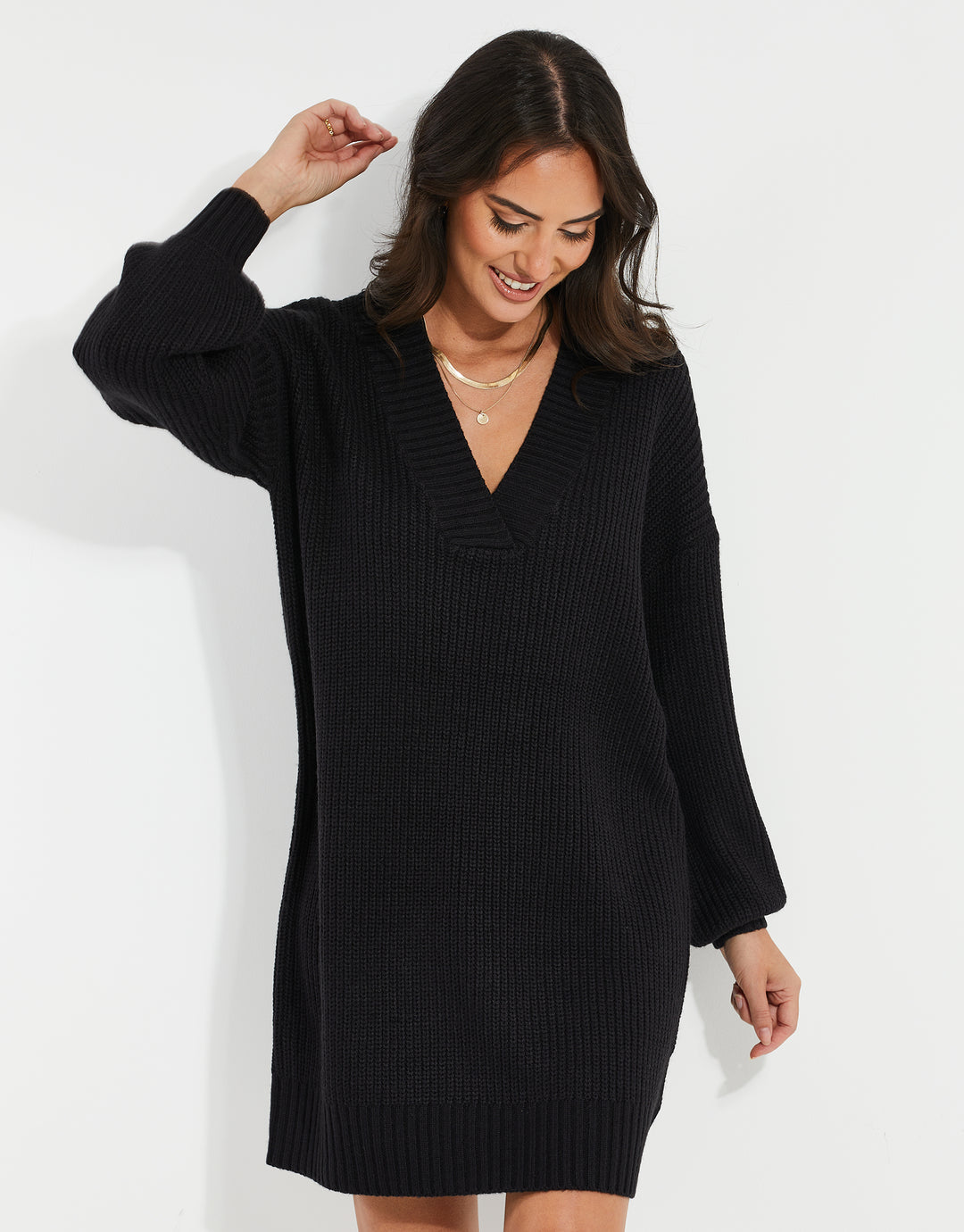 Petite Black V-Neck Knitted Jumper Dress