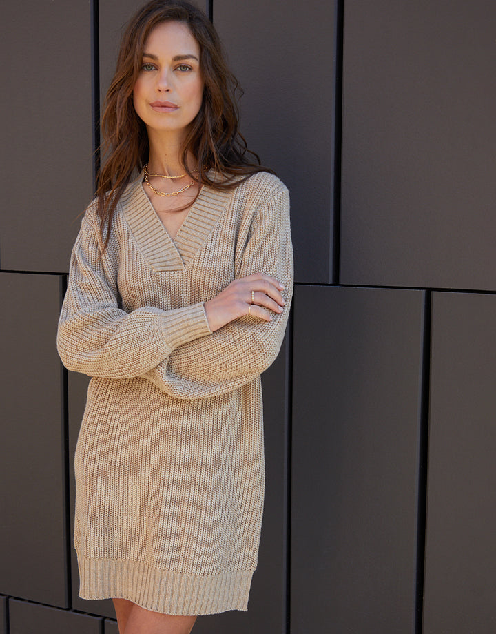 Stone V-Neck Knitted Jumper Dress