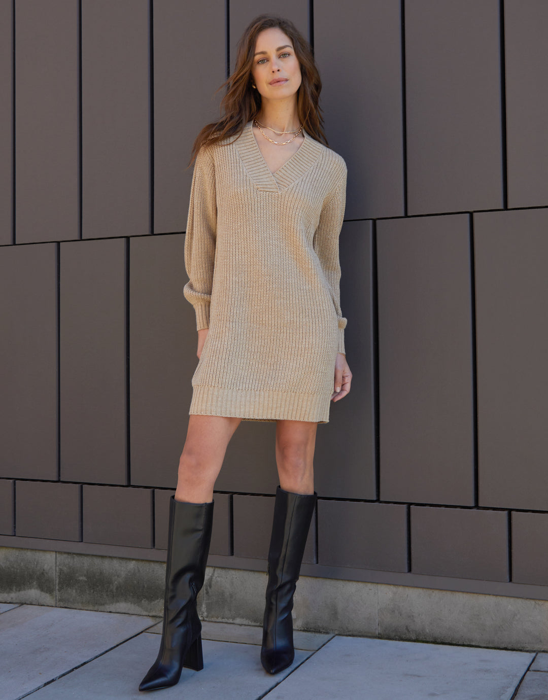Stone V-Neck Knitted Jumper Dress
