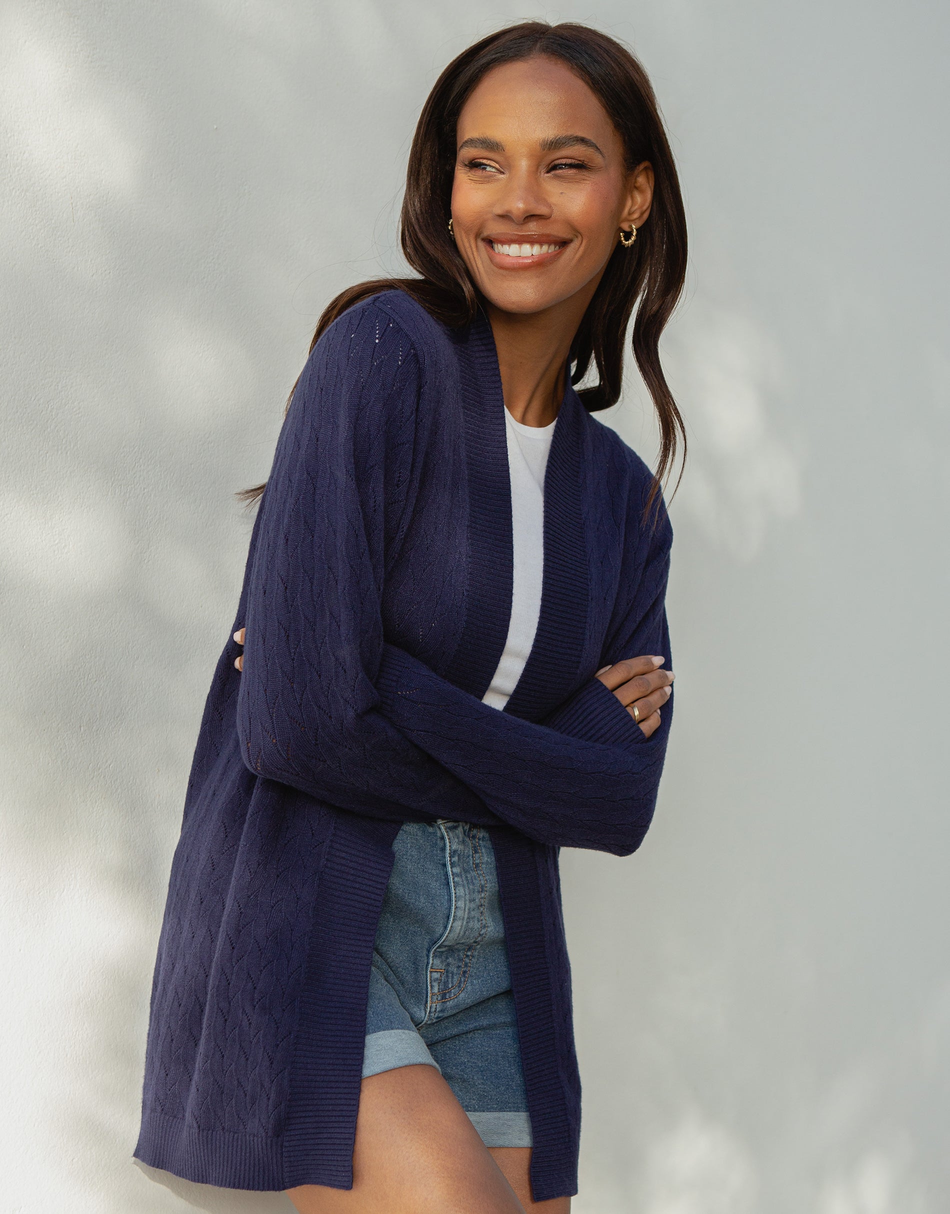 Threadbare Women's Navy Blue Pointelle Knit Open Long Sleeve