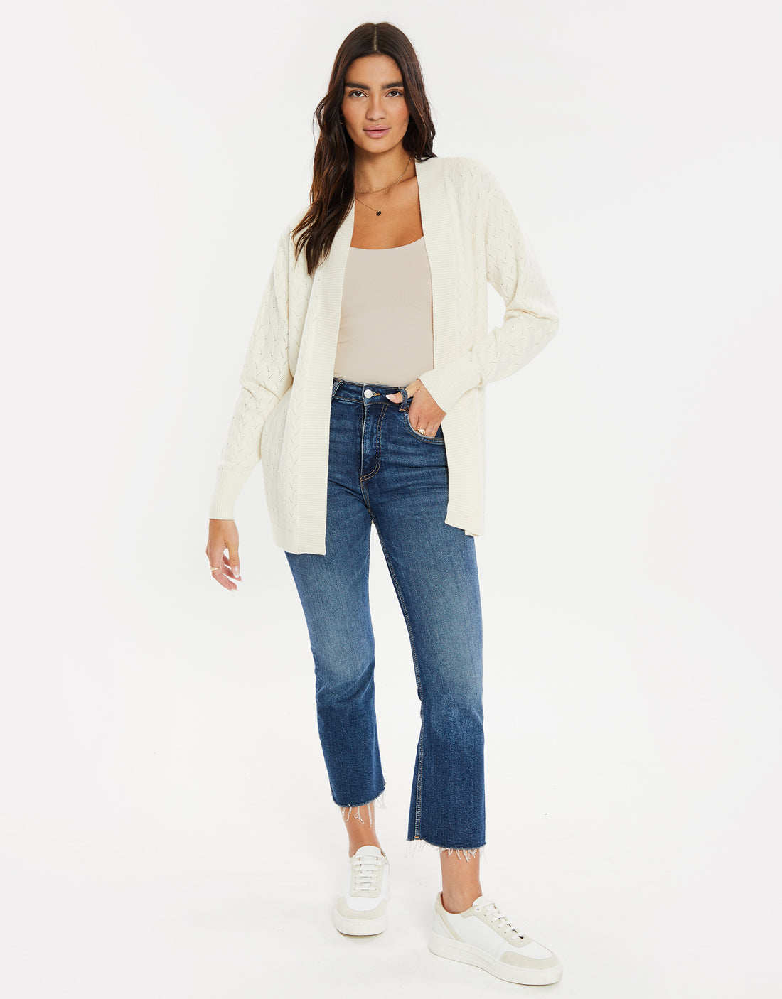 Women's Cream Pointelle Knit Open Long Sleeve Ladies' Cardigan