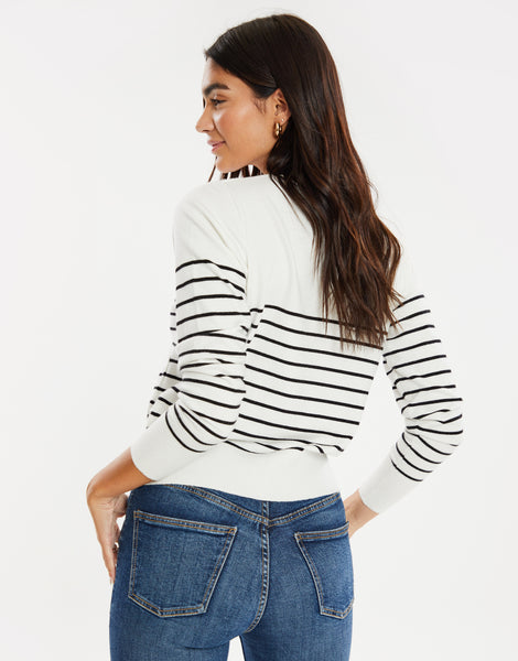Women's Ivory White Stripe Buttoned Knitted Collarless Ladies' Cardigan ...